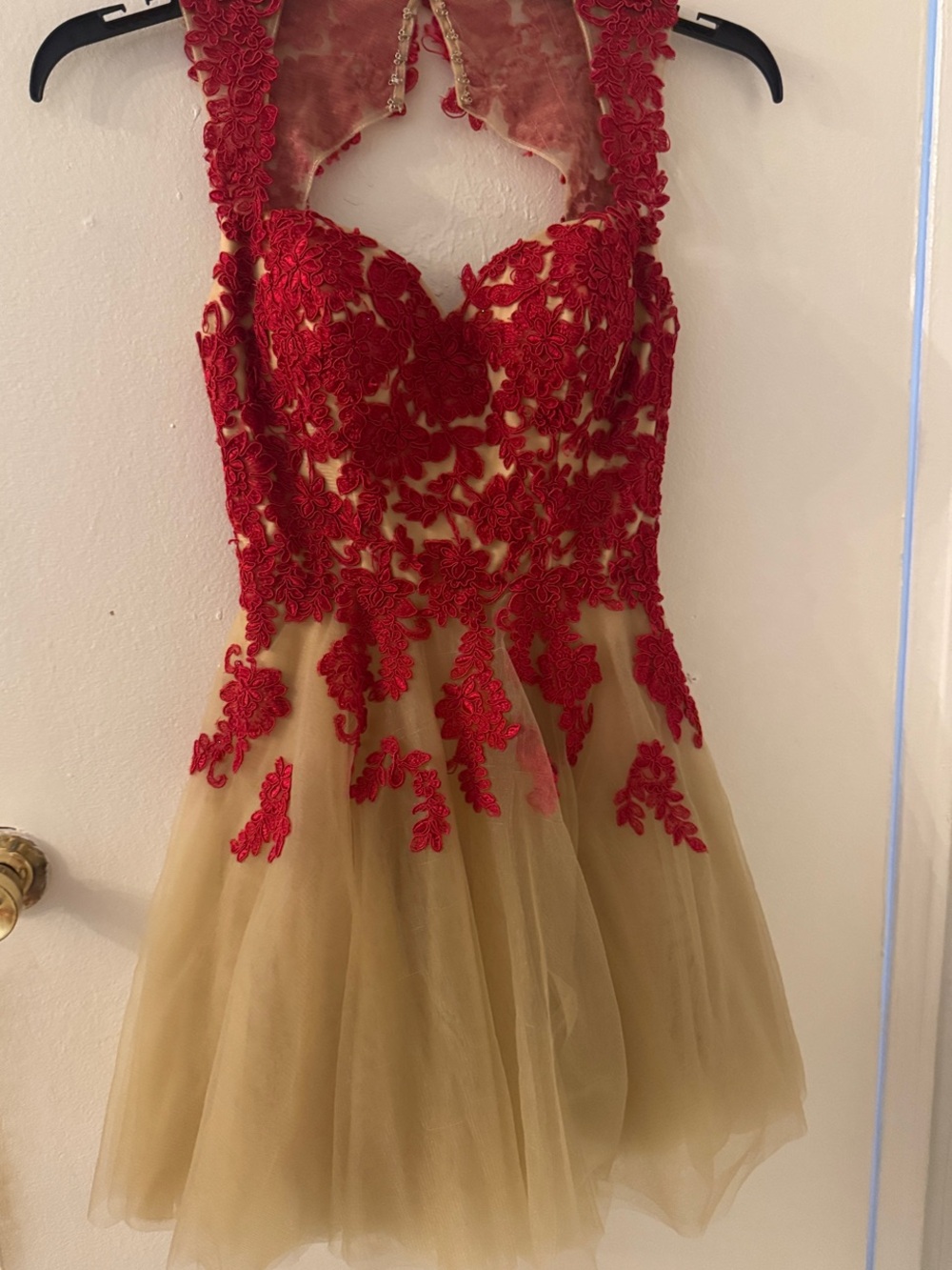 La Femme Red and Cream Lace Appliqué Tulle Dress